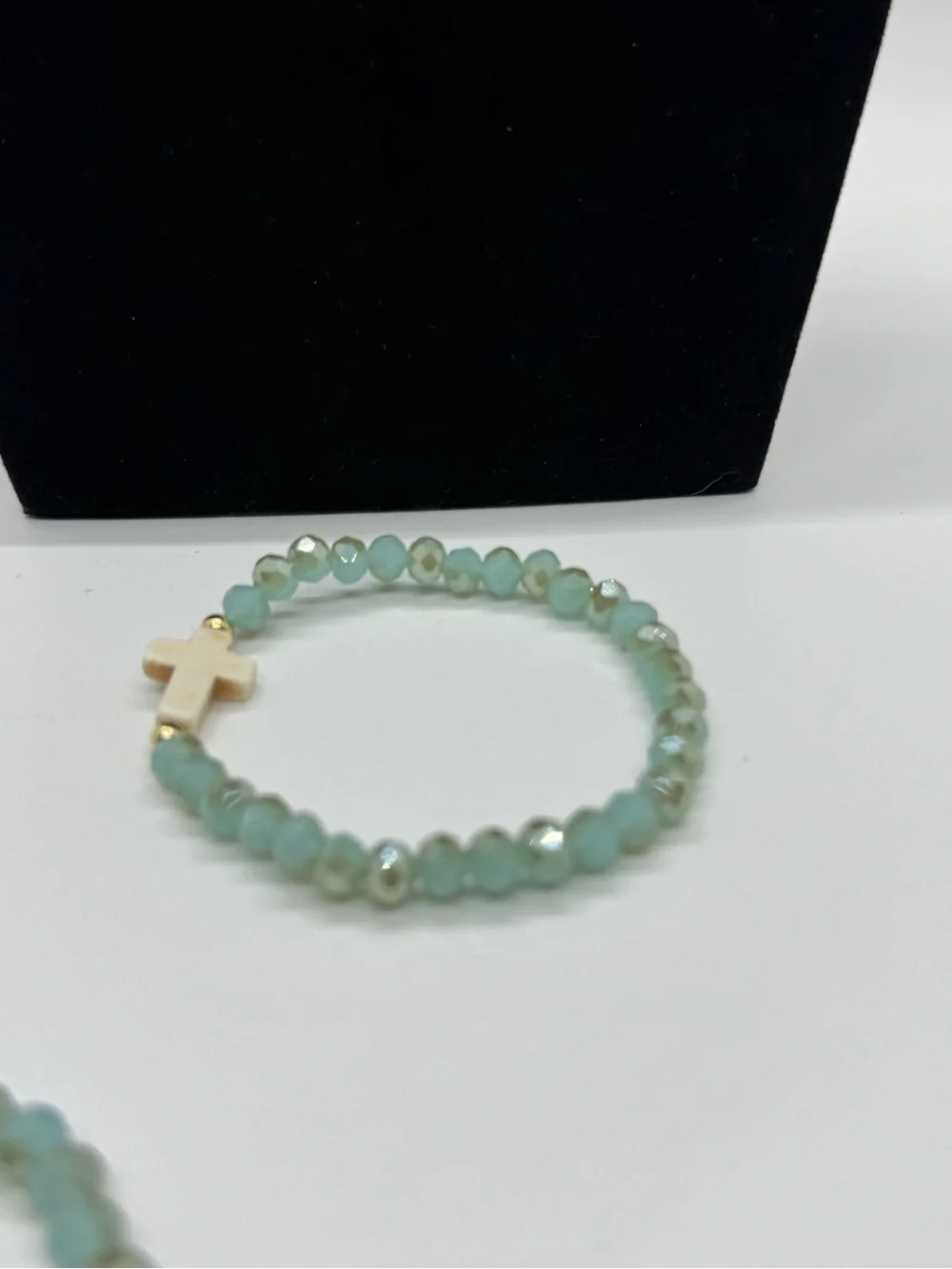 Beaded Cross Stretch Bracelet in Light Aqua